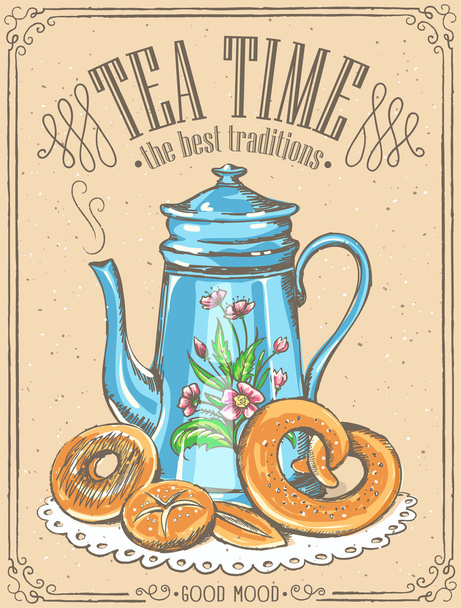 Ρετρό εικονογράφηση Tea Time με την τσαγιέρα και αρτοποιείο - Διάνυσμα, εικόνα