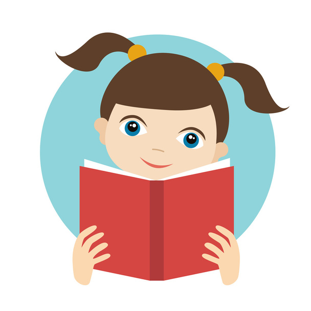 Little cute girl reading a book. Flat vector. - Vector, afbeelding