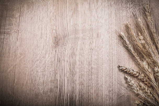 Wheat and rye ears on wooden board copy space food and drink con - 写真・画像