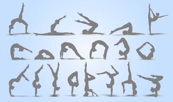 Yoga pozisyonları. Siluetleri Icons set. Vektör çizim - Vektör, Görsel