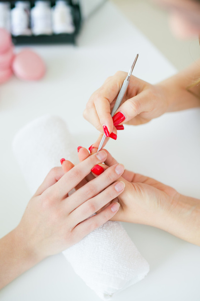 Woman in salon receiving manicure by nail beautician - Foto, afbeelding