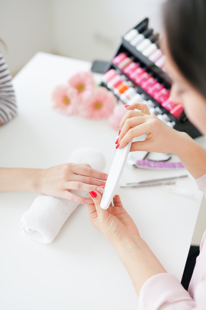 Woman in salon receiving manicure by nail beautician - Zdjęcie, obraz
