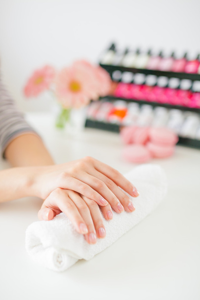 Woman in salon receiving manicure by nail beautician - Фото, зображення