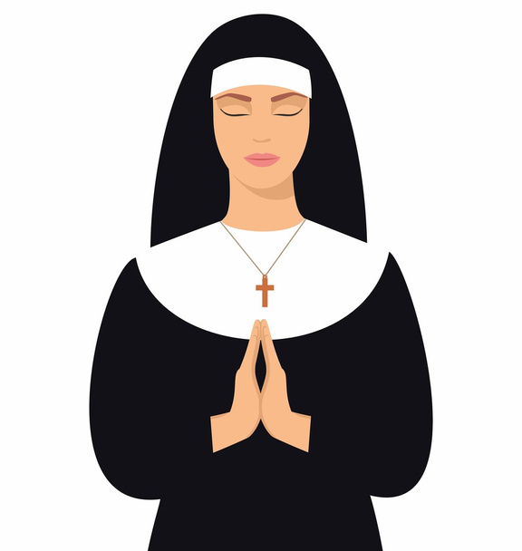 ilustração de uma jovem freira com os olhos fechados e as mãos dobradas em oração. Jovem freira em posição de oração. Ilustração vetorial da mulher orando
 - Vetor, Imagem