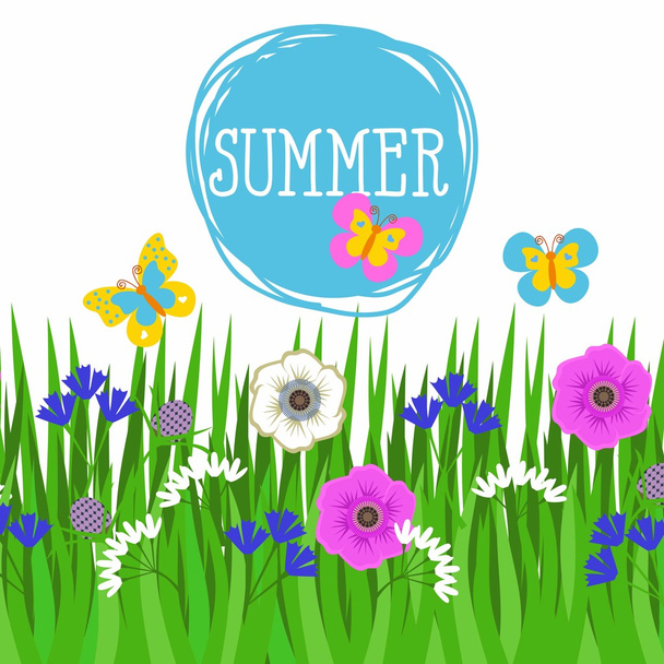 Raya de hierba, hierba y flores. Patrón para una pancarta con hierba y flores y mariposas
 - Vector, imagen
