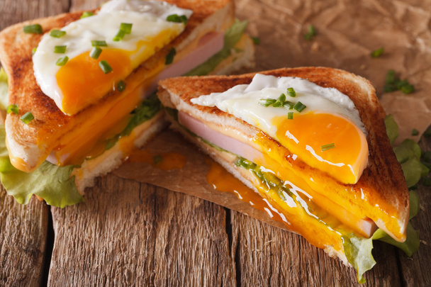 Сэндвич с жареным яйцом, ветчиной и сыром крупным планом на папке
 - Фото, изображение