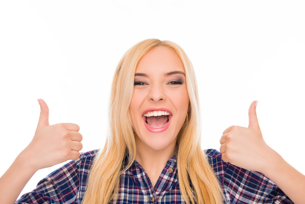 Attractive cheerful happy young woman gesturing "LIKE" - Φωτογραφία, εικόνα