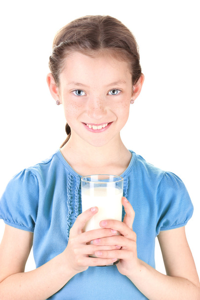 Portrait of beautiful little girl withglass of milk isolated on white - Foto, Imagem