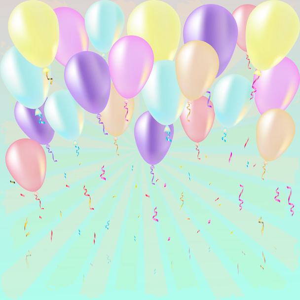 Geburtstagskarte mit bunten Luftballons und Konfetti auf blauem Hintergrund  - Vektor, Bild