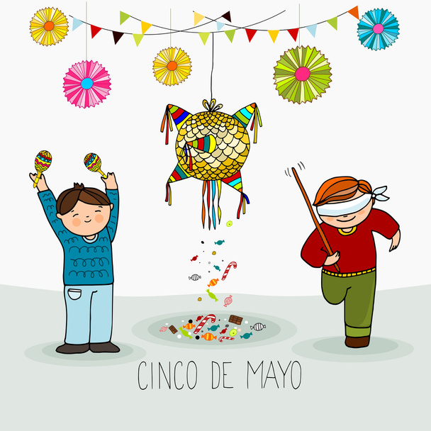 Jungen schlagen Pinata, mexikanische Cinco de Mayo Urlaubs-Grußkarte - Vektor, Bild