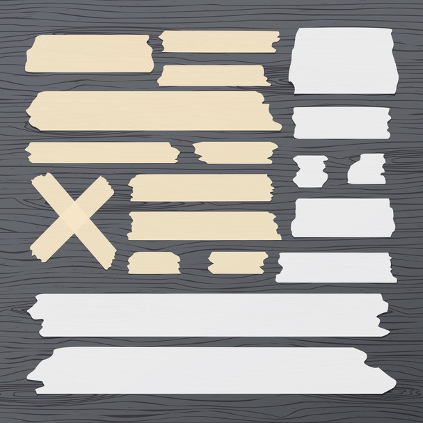 Different size sticky, adhesive tape, banners pieces are stuck on wooden background - Vector, Image
