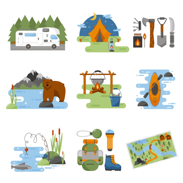 Set of camping equipment vector icons. - Vector, Image
