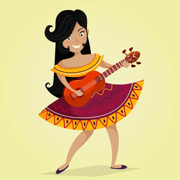 Мексиканський свято Fiesta запрошення з красивою мексиканської жінки танцюють і граючи на гітарі. Векторна ілюстрація плаката. Дизайн концепція фестивалю Cinco де Майо Флаєр, плакат або листівка - Вектор, зображення