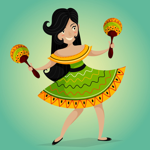 Meksykańska Fiesta party zaproszenie z piękną meksykańską kobietą tańczą z Marakas. Plakat ilustracji wektorowych. Koncepcja projektu dla ulotki festiwalu Cinco de Mayo, plakatu lub kartki okolicznościowej - Wektor, obraz