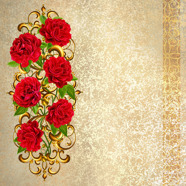 Komposition roter Rosen in einem goldenen Rahmen. alten Stils. Pastelltöne. Floraler Hintergrund. - Foto, Bild
