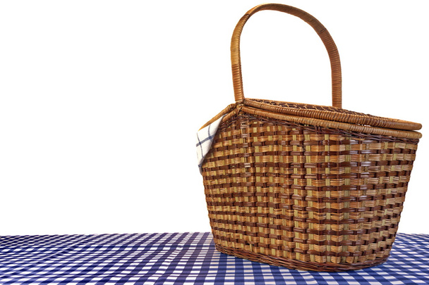 Covered Picnic Basket On The Blue Checkered Tablecloth White Iso - Photo, Image