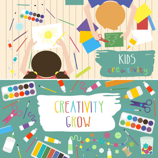 Děti tvořivost vektorové ilustrace. Pohled shora kreativní děti rukama. Nápis, leták pro děti umění lekce nebo školy - Vektor, obrázek