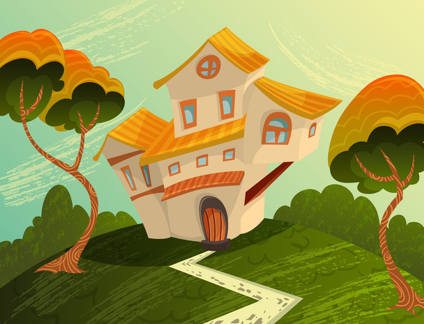 Landschaft mit Haus und Bäumen. Zeichentrickvektorillustration - Vektor, Bild