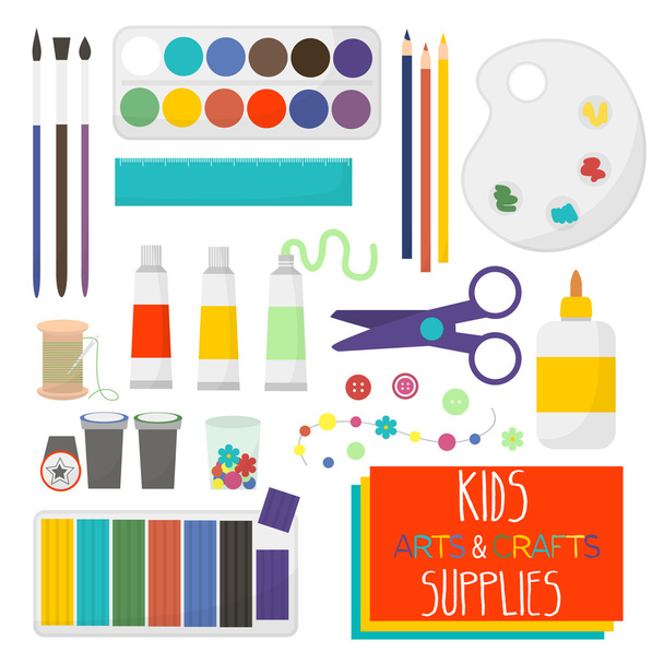 Art crafts items for kids creativity. Watercolor, clay, scissors, glue, color paper, brush, pencil,palette, crayon,stamp, needle. Set of art supplies for kids. Vector illustration. - Vector, Image