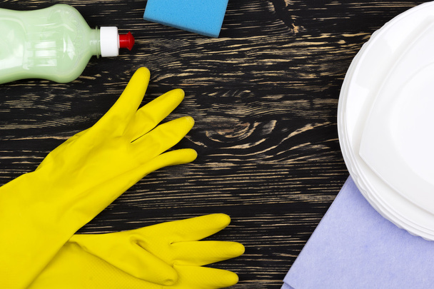 Detergent,sponge, dishes, rag and latex gloves - Fotoğraf, Görsel