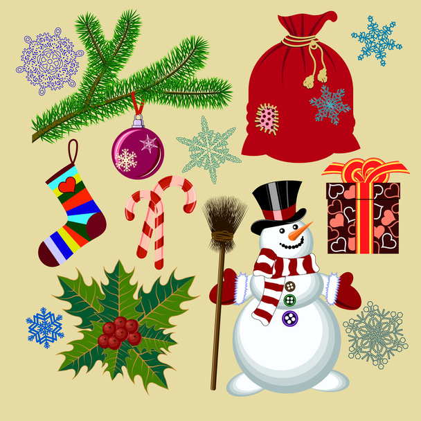 Σύνολο των Χριστουγέννων με αστεία χιονάνθρωπος και διακοσμήσεις Χριστουγέννων ένα - Διάνυσμα, εικόνα