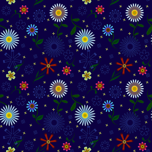 青色の背景に花模様のシームレス パターン - ベクター画像