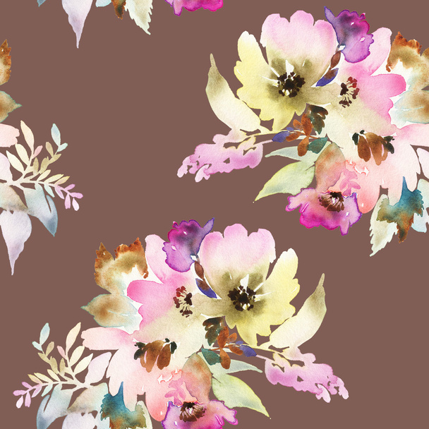 Seamless pattern with flowers watercolor - Fotoğraf, Görsel