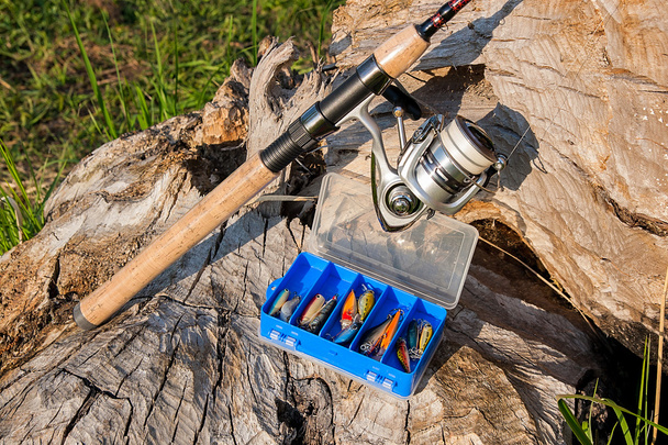 Canne à pêche avec bobine et divers types d'appâts sur le b naturel
 - Photo, image