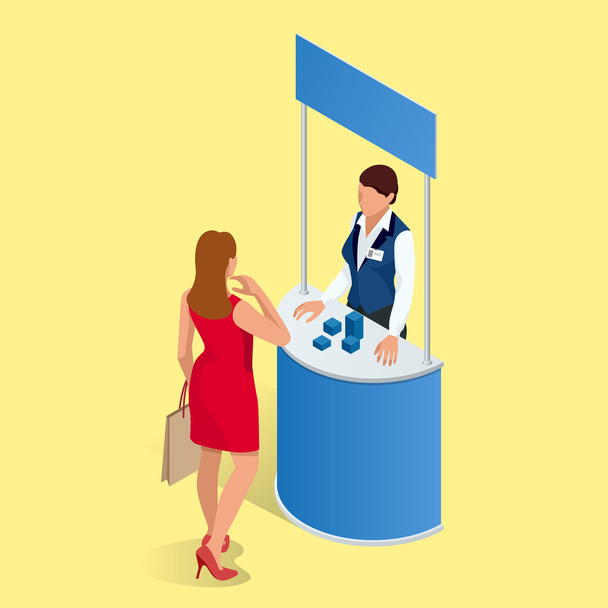 Promotion counter set. Trade stand. Blank vector poster. Flat 3d vector isometric illustration. - Διάνυσμα, εικόνα