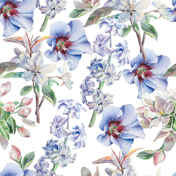 Seamless pattern with flowers. Blossom. Hyacinth. Watercolor. - Φωτογραφία, εικόνα