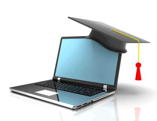graduation cap on laptop - e-learning 3d concept - Photo, Image