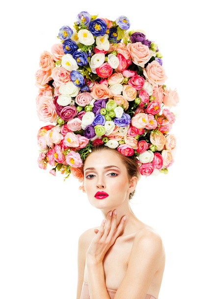 woman's face surrounded by flowers - Zdjęcie, obraz