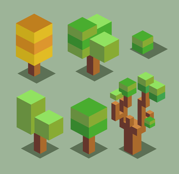 Bomen instellen. 3D Isometrische Pixel  - Vector, afbeelding