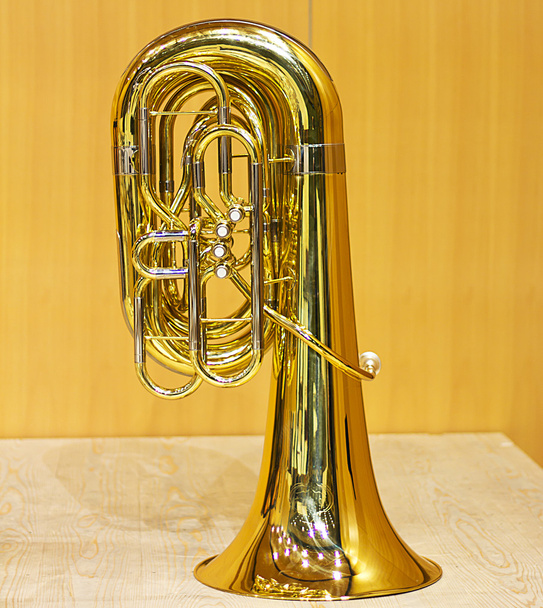 Tuba dorada en la sala de conciertos. Instrumento de viento. Instrumento musical de cobre
 - Foto, Imagen