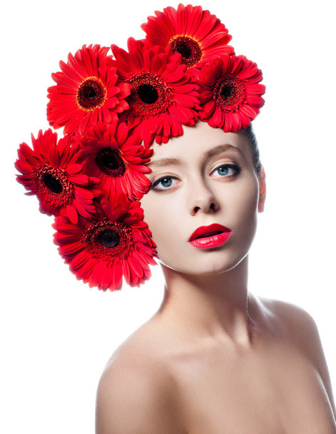 fashion model with flowers in her hair - Φωτογραφία, εικόνα