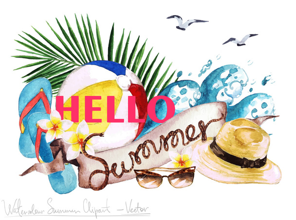 Hallo zomer - Vector aquarel Clipart  - Vector, afbeelding