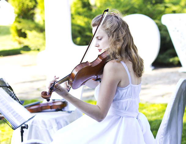 Dívka si hraje na housle venku. Hudebník na svatbu. Housle pod širým nebem - Fotografie, Obrázek