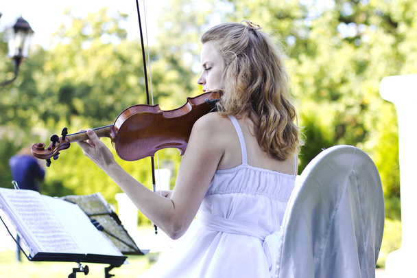 Девушка играет на скрипке на открытом воздухе. Музыкант для свадьбы. Скрипка под открытым небом
 - Фото, изображение