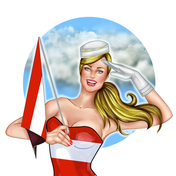 Digital mão desenhada Ilustração - Pin Up menina segurando a bandeira da Áustria
 - Foto, Imagem