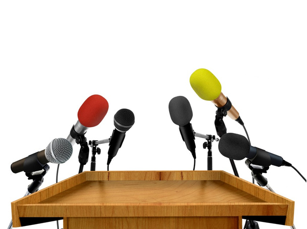 Werkcollege toespraak podium en microfoons - Foto, afbeelding