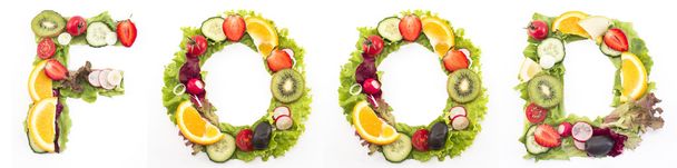 Word food made of salad and fruits - Foto, Bild