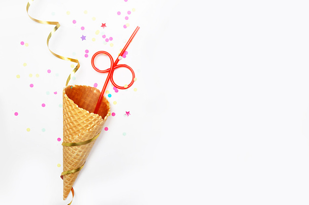 Flat lay. Background for invitation party. Waffle cone and tube for cocktail - Valokuva, kuva