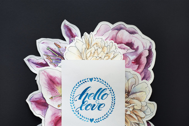 creative graphic poster for your design. Empty white card on flowers hand painted background. Vintage Beautiful bright watercolor on black. hello love. lettering. hand drawn calligraphy - Photo, Image