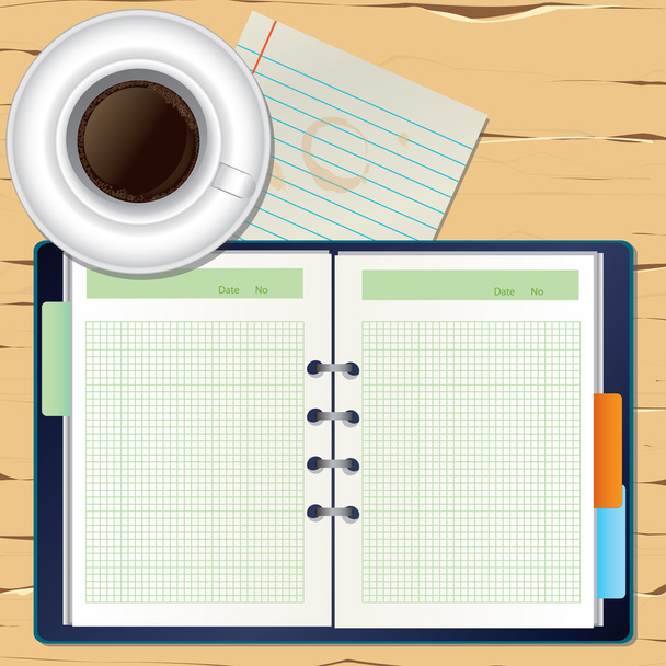 A coffee and a notebook on the desk - Vector, afbeelding