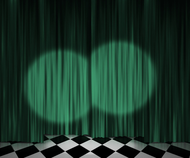 Zöld függöny reflektorfénybe szakaszába háttér - Fotó, kép