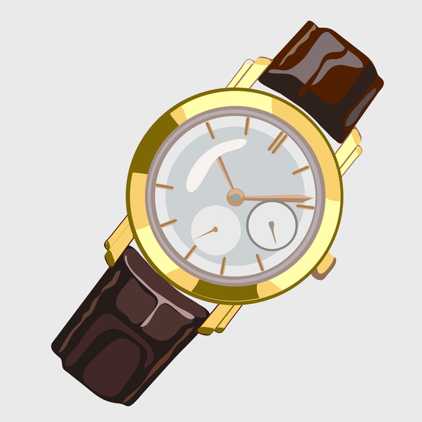 Classic mens watch with brown strap and gold dial - Διάνυσμα, εικόνα