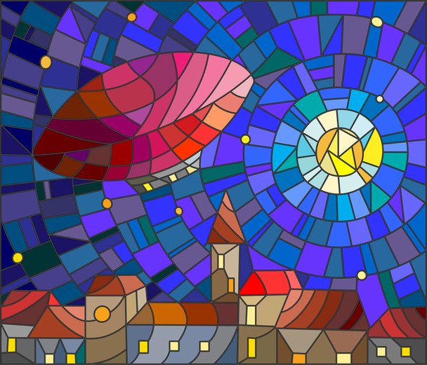 Εικονογράφηση στο λεκιασμένο γυαλί στυλ αερόπλοιο πάνω από μια πόλη τη νύχτα εν μέσω της αστέρια και το φεγγάρι, το αστικό τοπίο νύχτα - Διάνυσμα, εικόνα