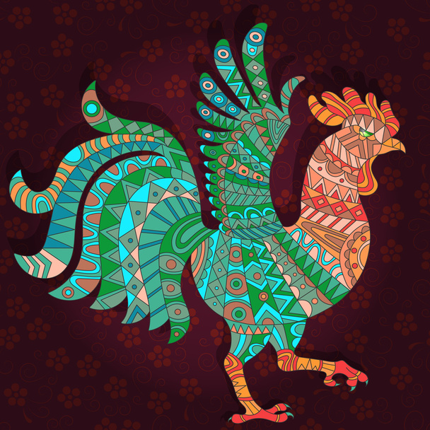 Illustration with abstract rooster on a dark floral background - Vettoriali, immagini