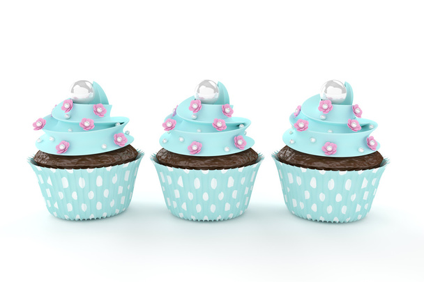 three sweet cupcakes with flowers and pearls isolated on white - Φωτογραφία, εικόνα