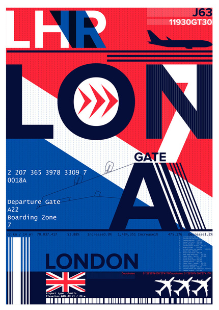 Airport indulás és érkezés jelentkezzen Londonban, Stock Vector illusztráció: T-shirt design/print design/nemzetközi repülőtér - Vektor, kép